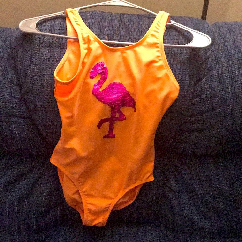 Size medium Orange swimming suit with reversible flamingo sequins